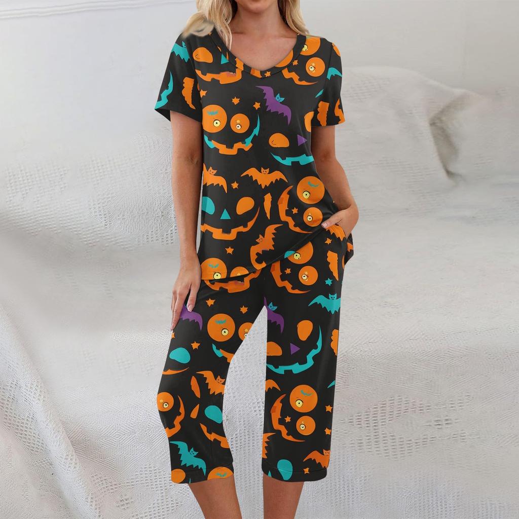 Conjuntos de 2 piezas para mujer Top de manga corta y pantalones con bolsillos Conjuntos suaves de entrenamiento con estampado de Halloween