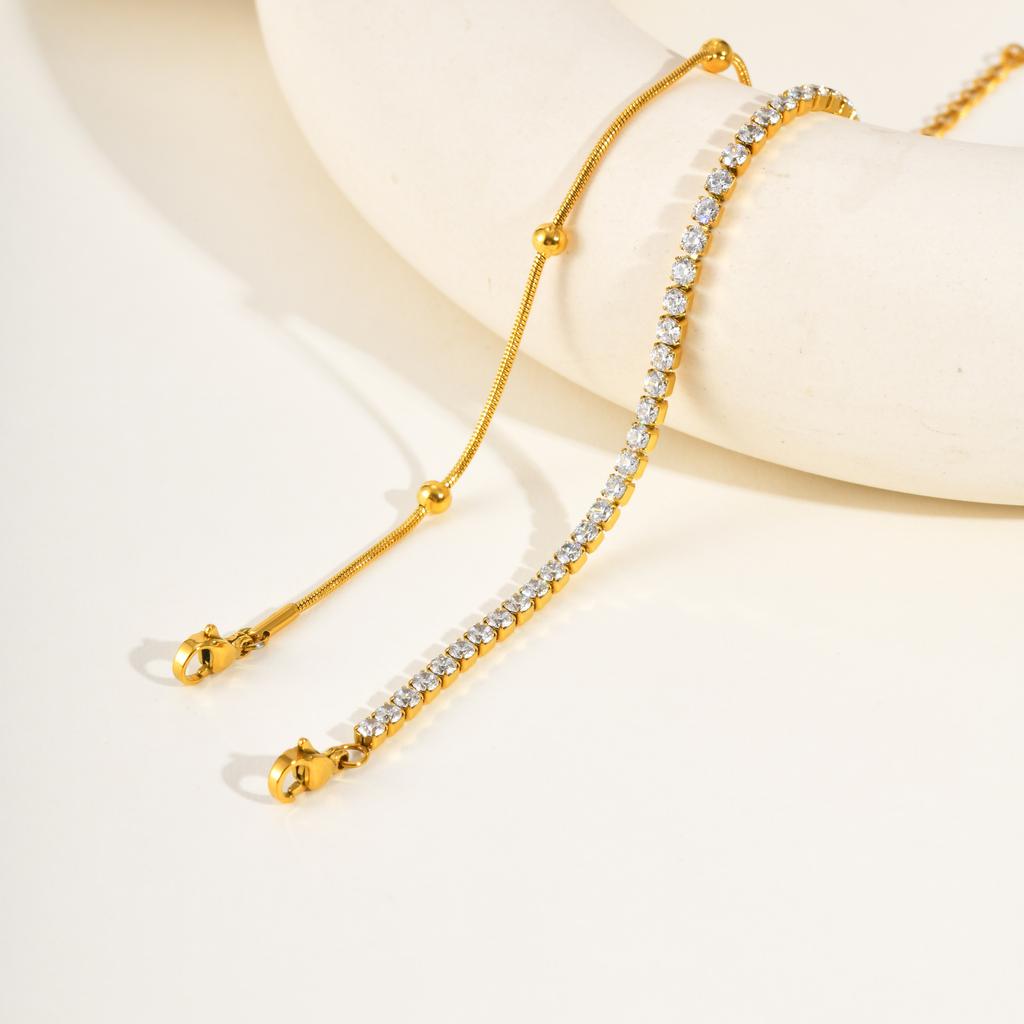 2pcs Stainless Steel Bracelets Set, Minimalist Elegant Bead Round Snake Chain Bracelet, Luxury Zircon Tennis Chain Wristband