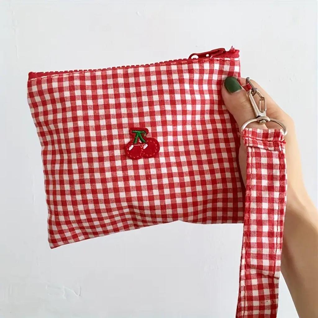 Red Cherry Canvas Makeup Bag Portable Easy To Carry Red Plaid Large Capacity Cosmetic Lipstick Storage Bag Travel Accessories
