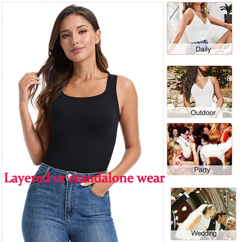 Women Compression Vest Shapewear Square Neck Tank Top Tummy Control Body Shaper Waist Trainer Camisole Padded Soft Underwear