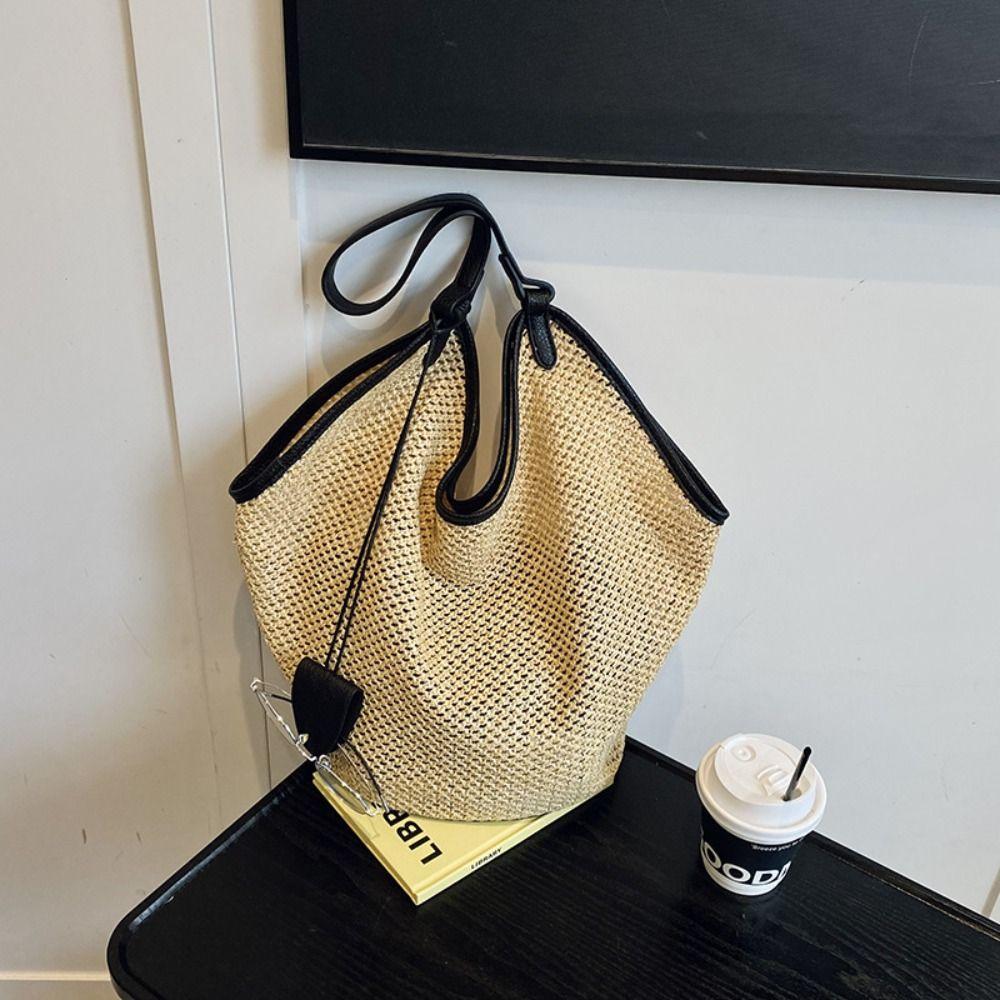 Parent Shoulder Bag Straw Woven Bag Tote Bagwith Sunglasses Clip Hollow Shoulder Bag  Holiday
