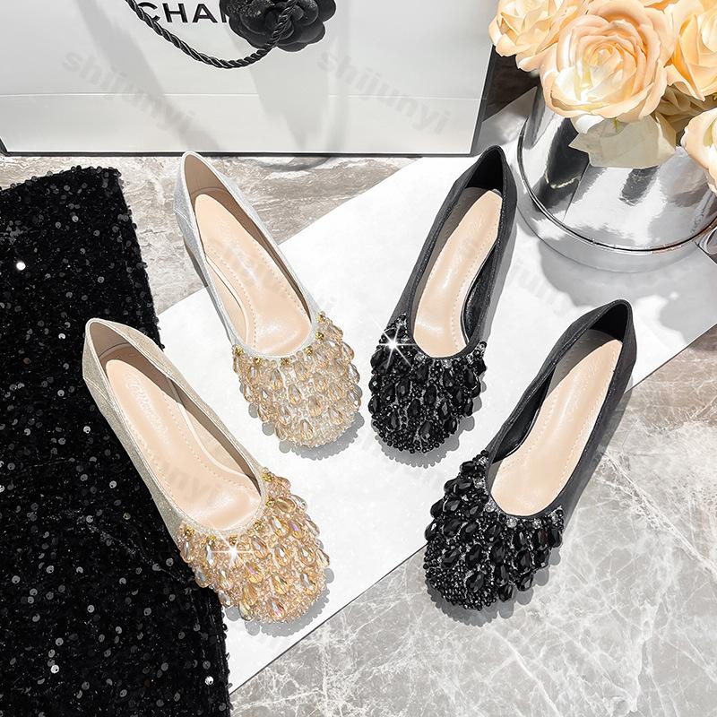 Fashion French Rhinestone Square Toed Single Shoes for Women Spring 2025 New Shallow Mouth Shiny Slip on Comfortable Lightweight Pumps