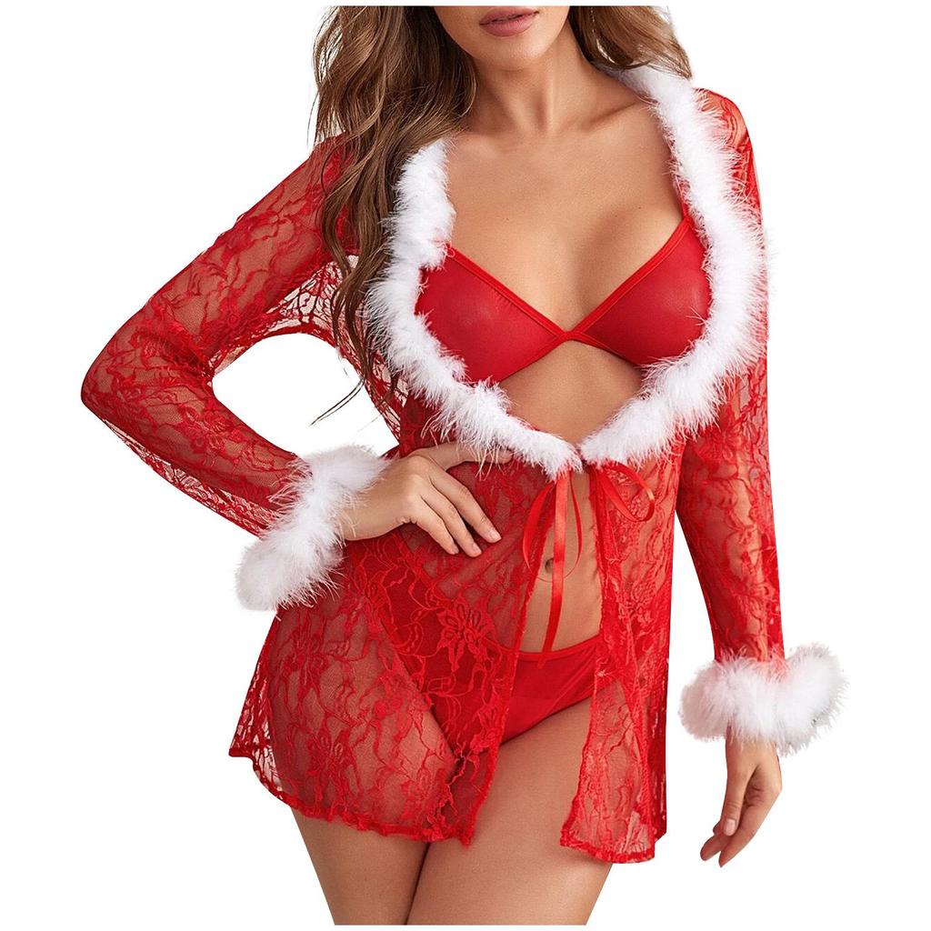 Elk Christmas Mesh Lace Lingerie Costume Set - Red