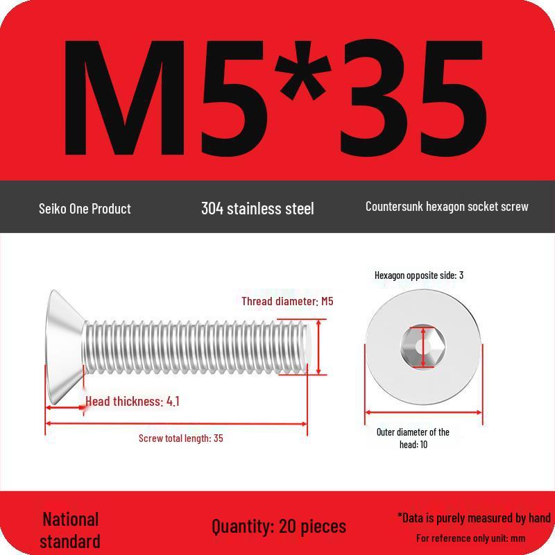 M2-M10 Stainless Steel Flat Head Machine Screws and Bolts Set, Countersunk Hex Socket Cap, 304 Grade.