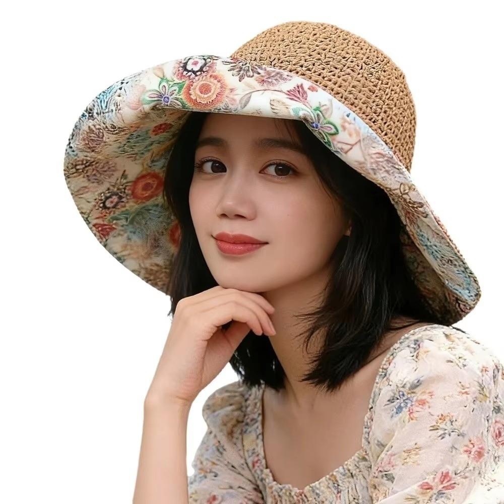 Foldable Large Brim Straw Hat Large Brim Sunshade Hat Ethnic Style Beach Hat Beach