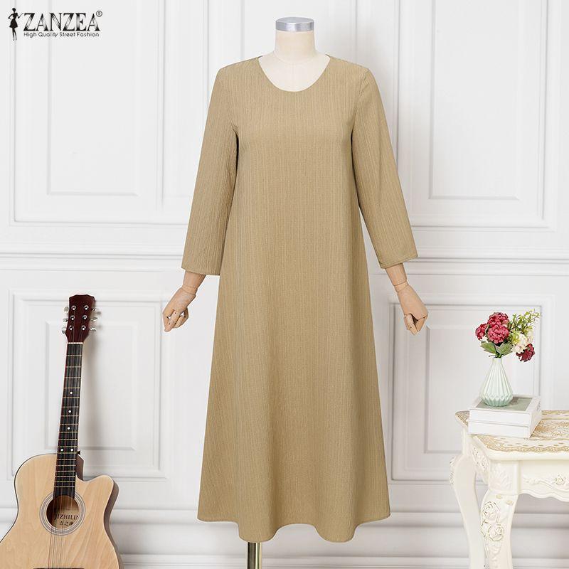 ZANZEA Women Casual Round Neck Solid Color 3/4 Sleeve Dress