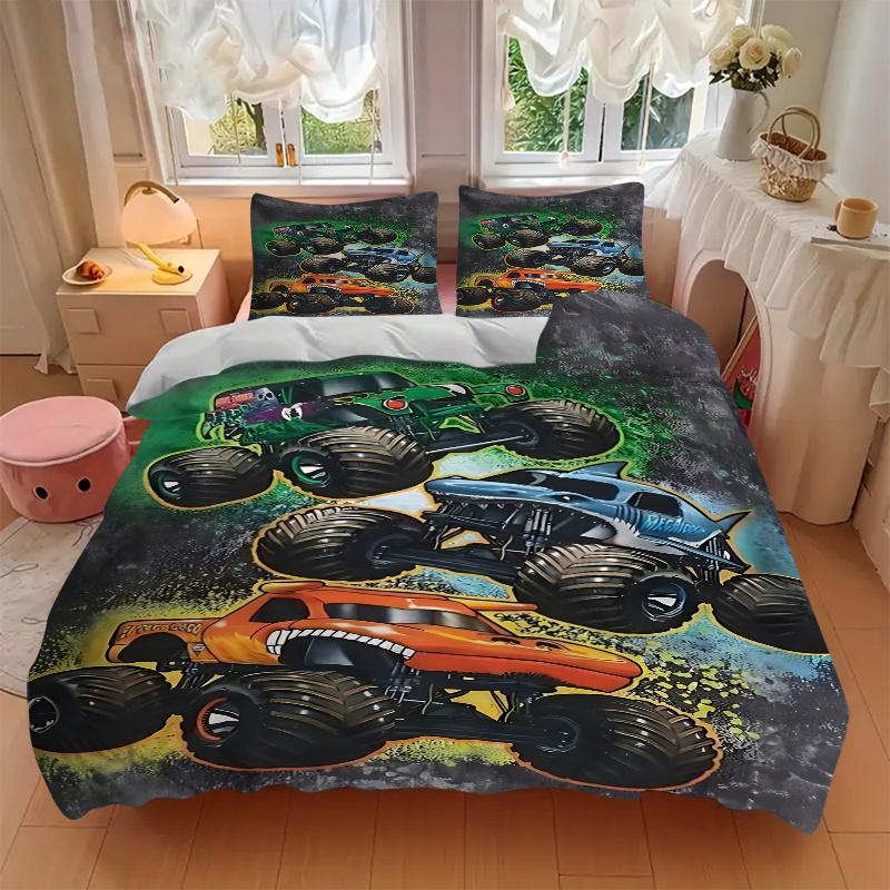 3 szt. Zestaw pościeli Dekoracja domu Monster Truck - Uniwersalny trzyczęściowy komplet do sypialni, pokoju gościnnego, salonu, hotelu - Idealny prezent dla fanów, Trav