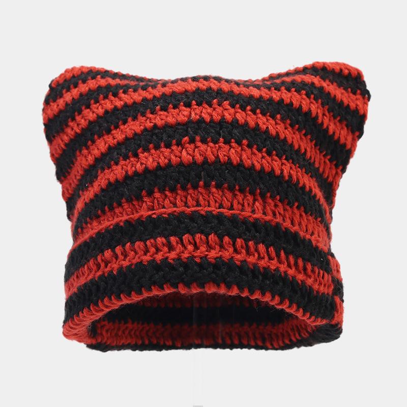 Japanese Devil Style Knit Cat Ear Beanie with Stripes Travel Ready Winter Warmth Hat One Size красный
