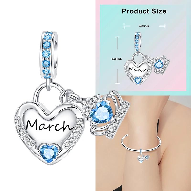 Copper 12 Months Birthstone Heart-Shaped Beads Charms Fit Original Bracelet Charm Beads Necklace Diy Female Jewelry