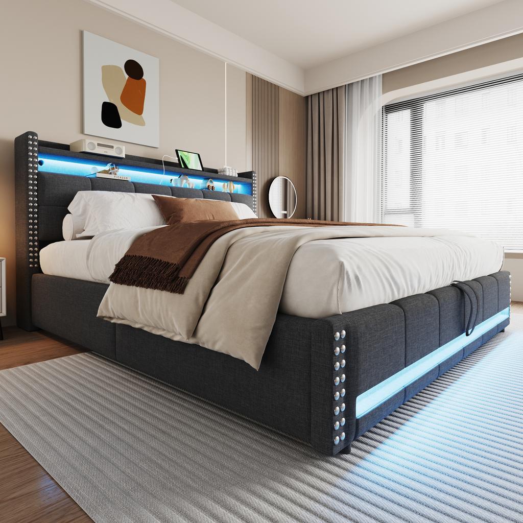 Cama Estofada 180*200cm com Iluminação LED e Tomada USB, Cabeceira com Prateleiras e Arrumação, Com Arrumação Hidráulica, Cama de Casal, Tecido de Linho Cinza