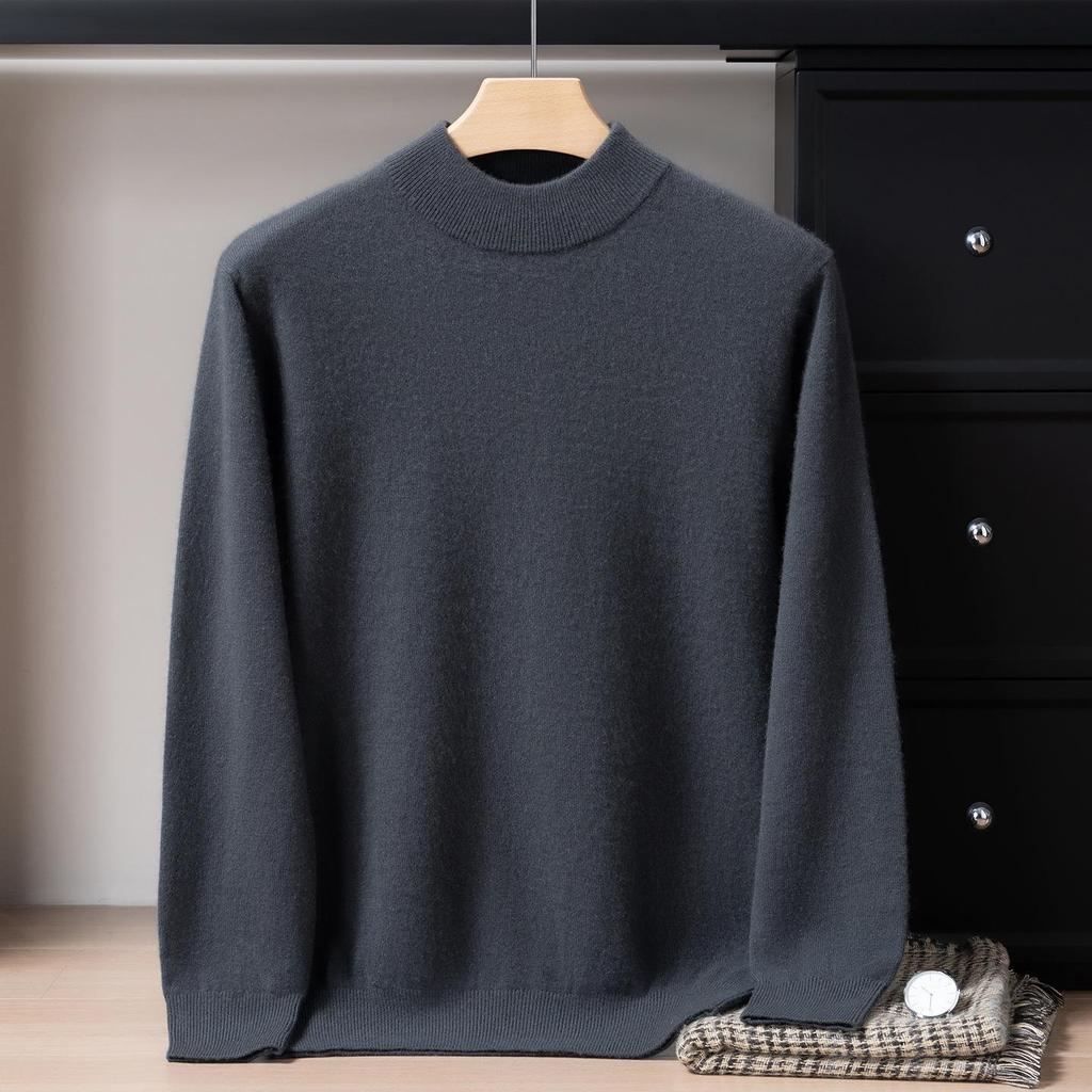 Men's 12-Gauge Double-Layer Cashmere Sweater, Half-High Collar, Long-Sleeve, Business Casual, Warm Knitted Base Layer