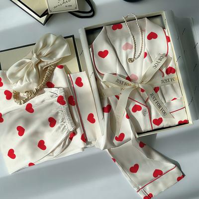 Pijama de Lujo de Alta Gama con Estampado Completo de Amor, Seda Helada, Conjunto de Ropa de Casa para Mujer, Verano, Pantalones Largos