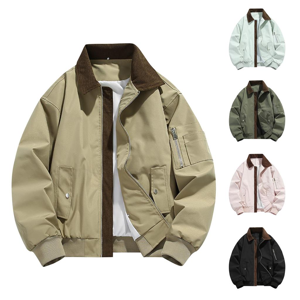New Men's Lapel Jacket, Solid Color Casual Sports Coat, Full Zipper Lightweight Outdoor Workwear Top