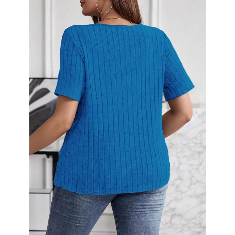 Women's Plus Size Solid Ribbed Knit Crisscross V Neck Short Sleeve Blouse