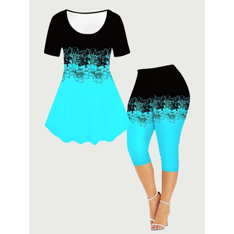 Women s floral digital print fashionable short-sleeved cropped pants suit 2XL