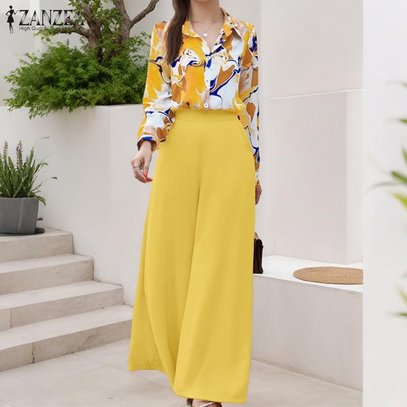 ZANZEA Women Long Sleeve Print Blouse and Wide Leg Pants Casual Two Piece Suit Sets