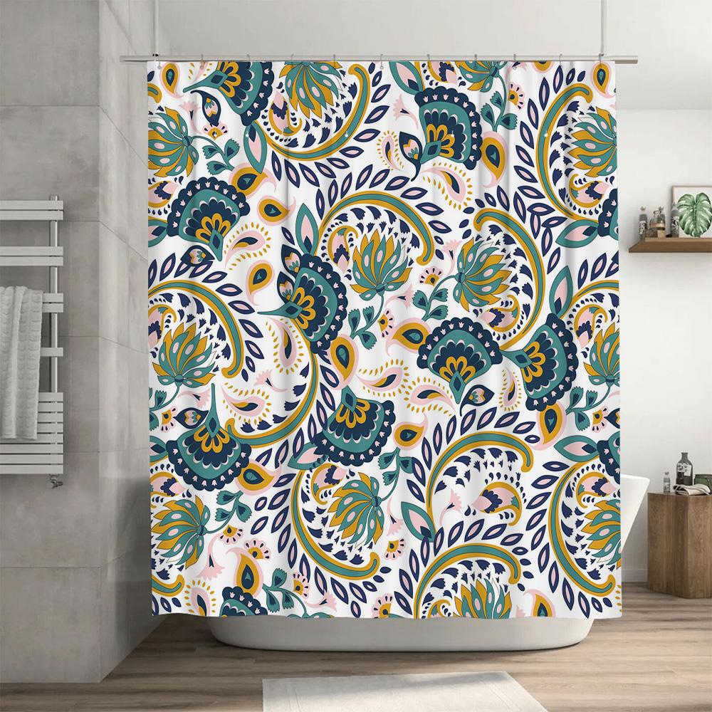 Vibrant Floral Shower Curtain Waterproof Fabric for Bathroom Decor in Navy Blue and Teal Green Size69x70 inches / 180x245cm
