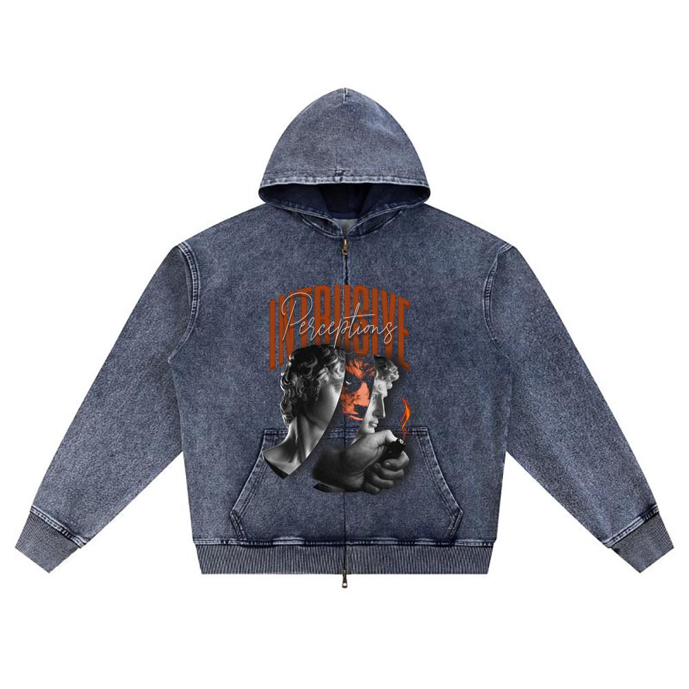 

DTG print Knitted Denim Zip-Up Hoodie Intrusive Brother Print Zipper Hoodies XL темно-синий