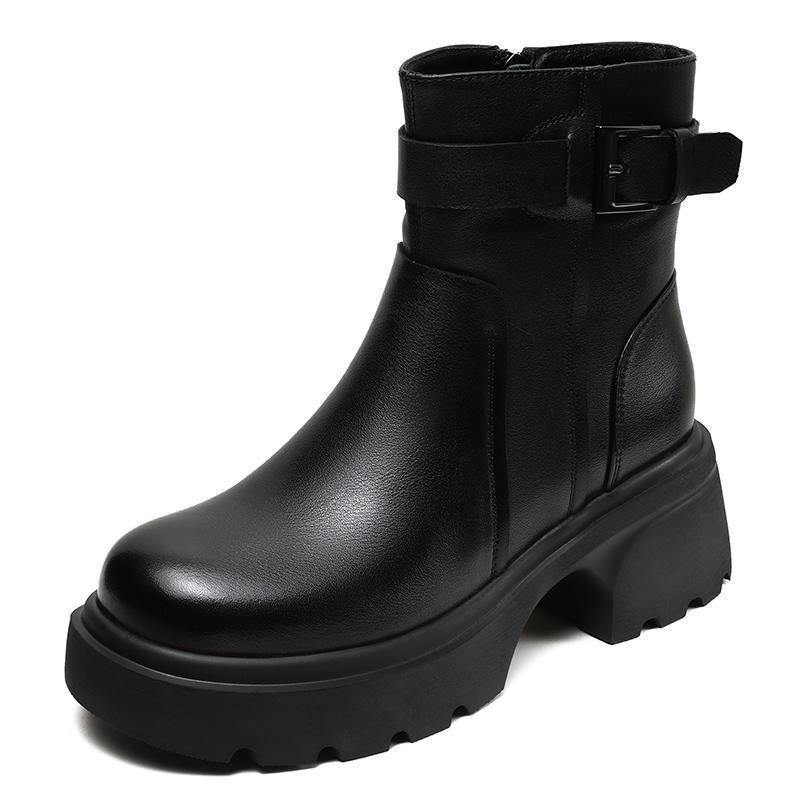 Women's Thick-Soled Leather Chelsea Boots – Autumn/Winter British Style with Round Toe and Buckle detailing.