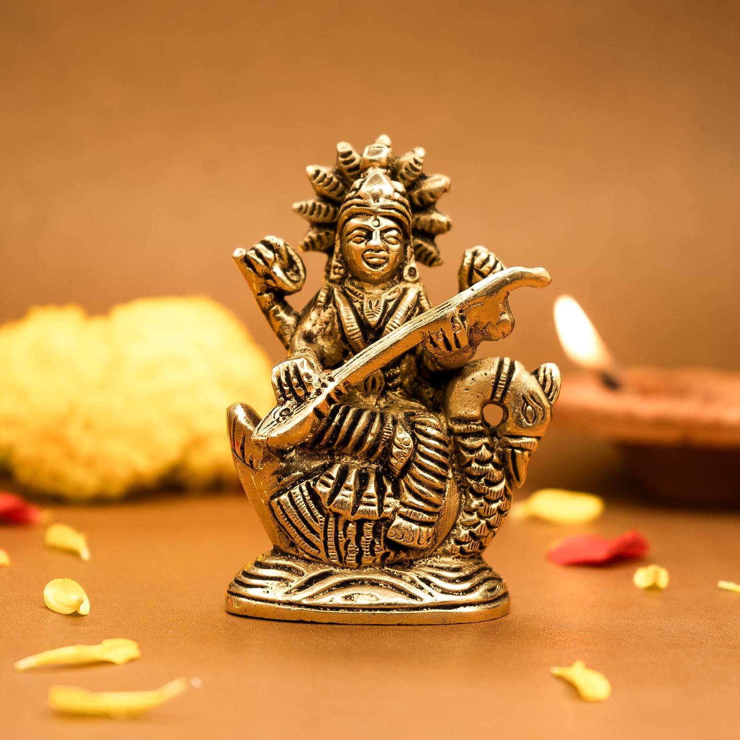 100% Pure Brass Maa Saraswati Idol, Saraswati Maa, Gold, Small Size - 8.4 Cm