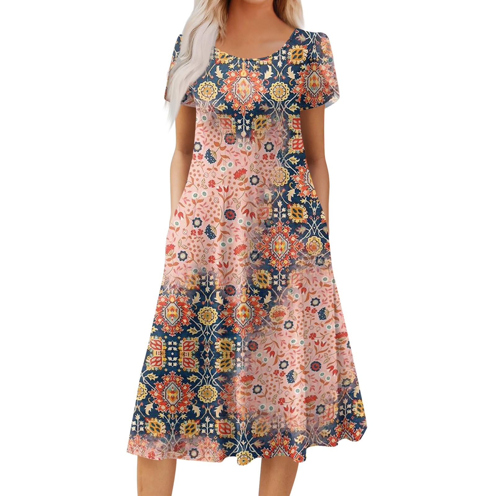 

Женское повседневное модное платье с круглым вырезом, принтом, коротким рукавом и карманом L бежевый