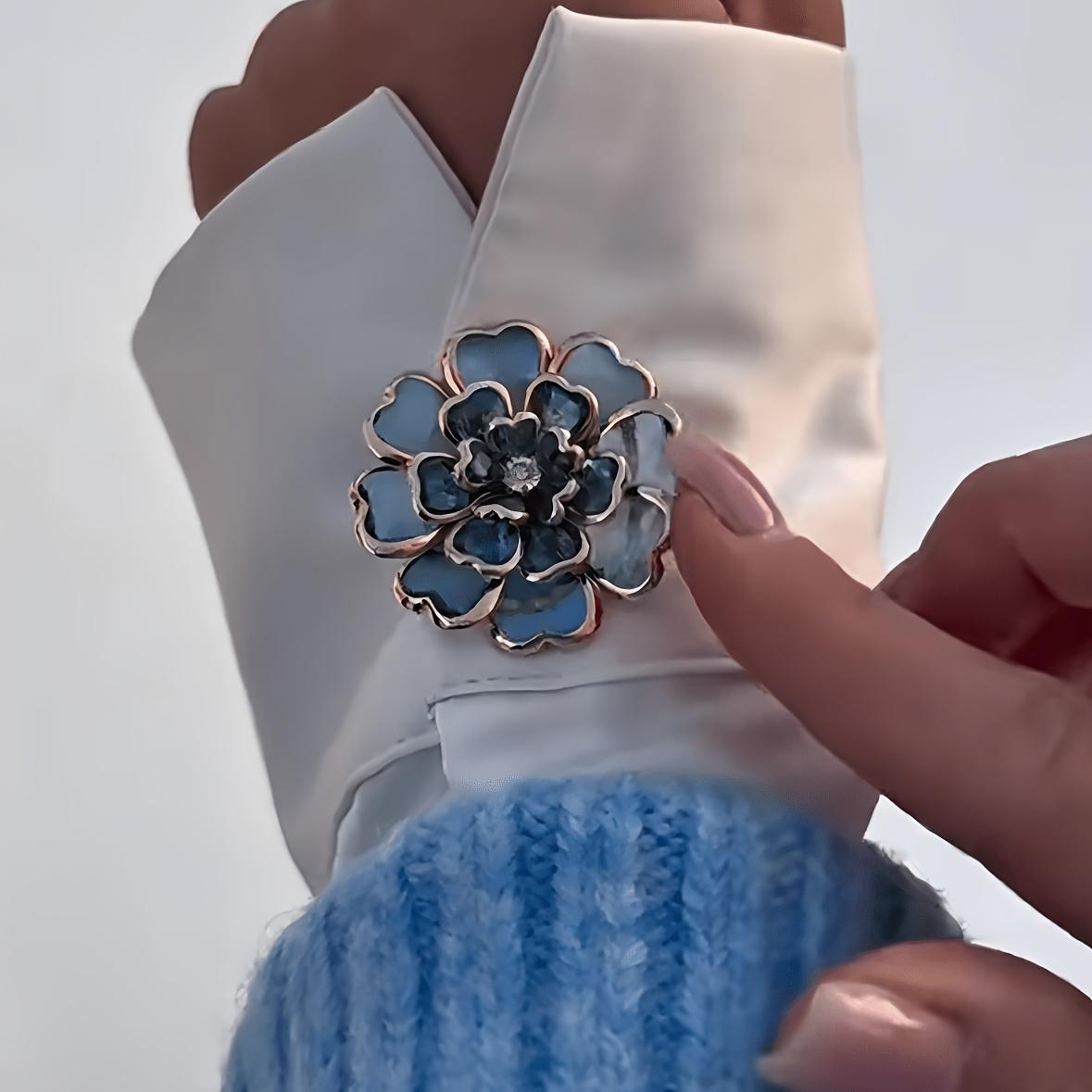 1Pc Blue Floral Enamel Button Cover, Detachable Clip-On Cuff Button, Elegant Floral Shirt Decoration, No-Sew Detachable Button, Suitable For Shirts Elegant Floral