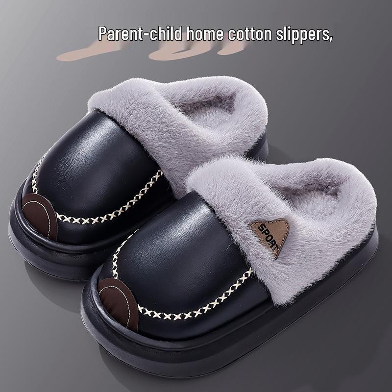 Warme rutschfeste Baumwoll-Hausschuhe für Kinder und Erwachsene mit PU-Leder, weicher Sohle und Plüschfutter für Zuhause.