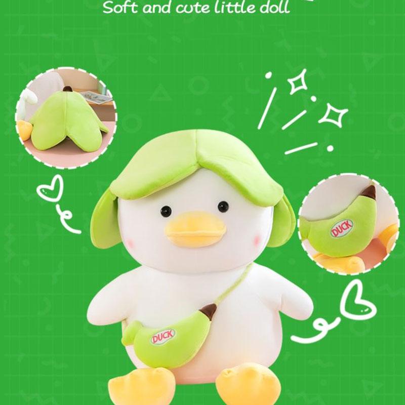 Cute Duck Plush Toy With Green Hat Soft Stuffed Duck Plushie Doll With Banana Bag Animal Pillow For Gift Cute Cushion Toy
