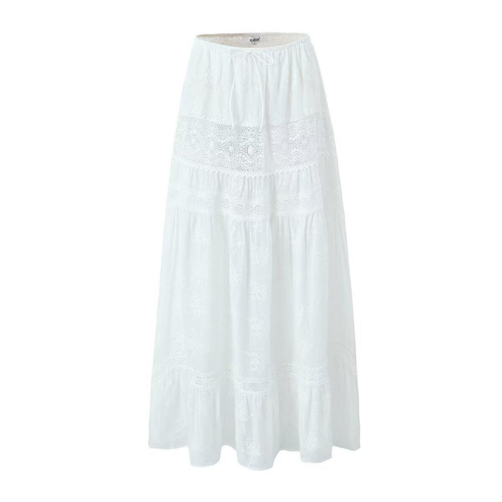 French Women's Suit: 2024 One-Shoulder Lace Crop Top & High-Waisted Patchwork Skirt
