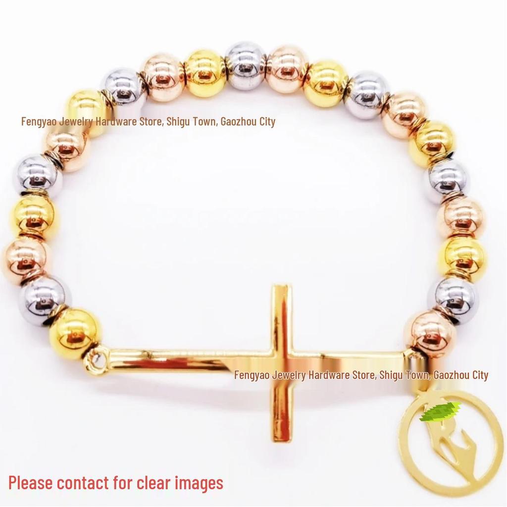 8mm Random Three-Color Bead Stainless Steel Handcrafted Cross Bracelet