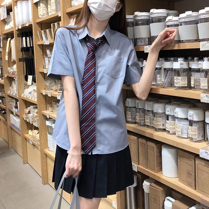 Women's Preppy Style JK Uniform Shirt – Light Blue, Short Sleeve, Perfect for Summer and Autumn.