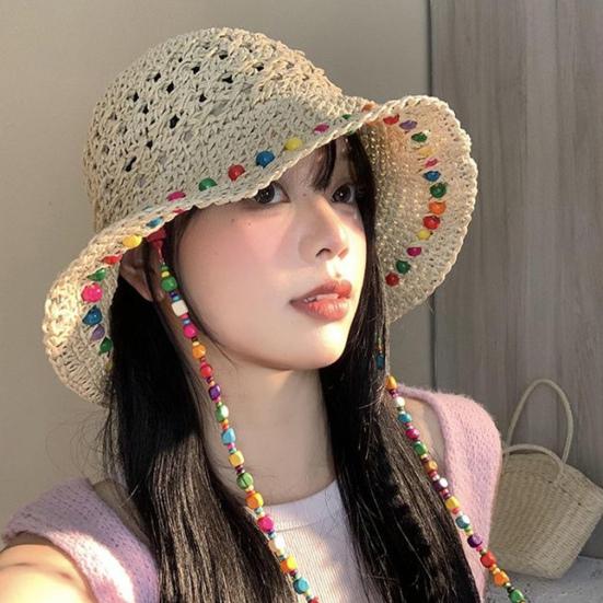 Women Straw Hat Wide Brim Breathable Straw Weaving Hat with Colorful Beads Decor Flexible Edges Sun Hat