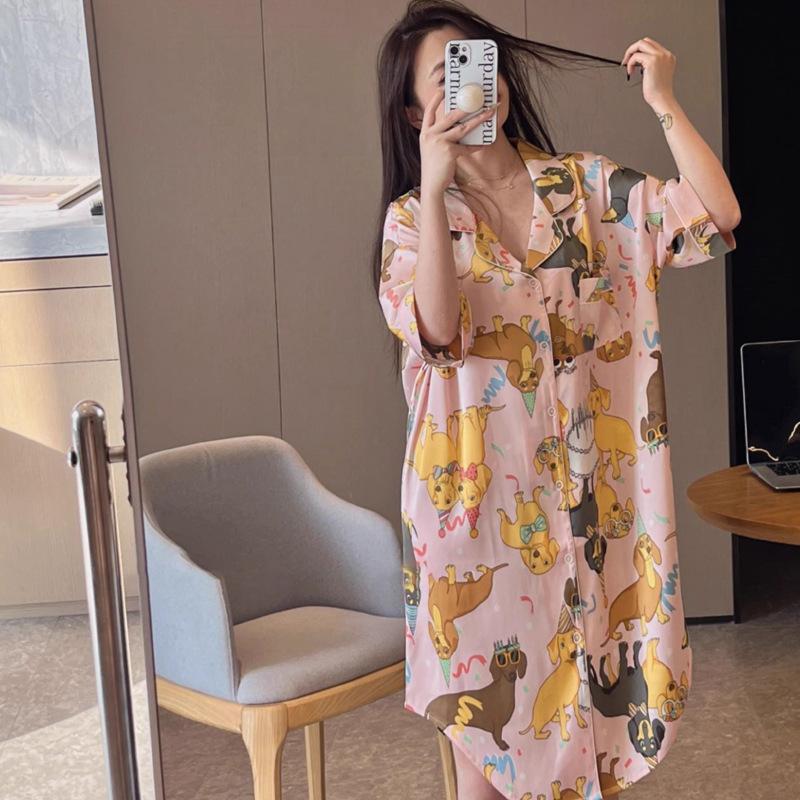 High-Value Cartoon Animal Ice Silk Short-Sleeved Pajamas Women'S Summer Monsoon Casual Loungewear Nightgown