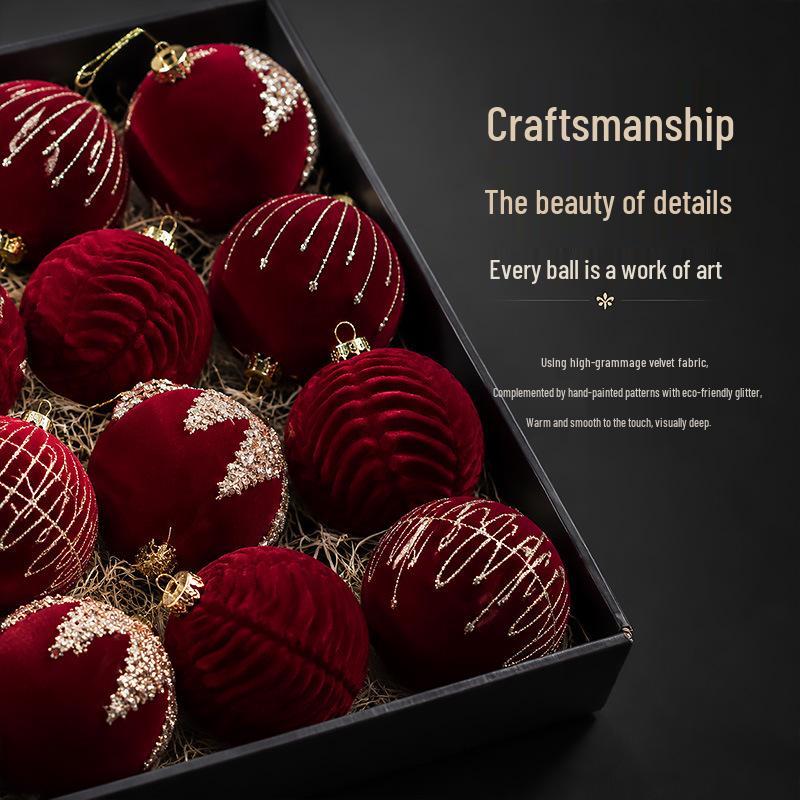 Wine Red Velvet Rhinestone Christmas Ball Pendant Set