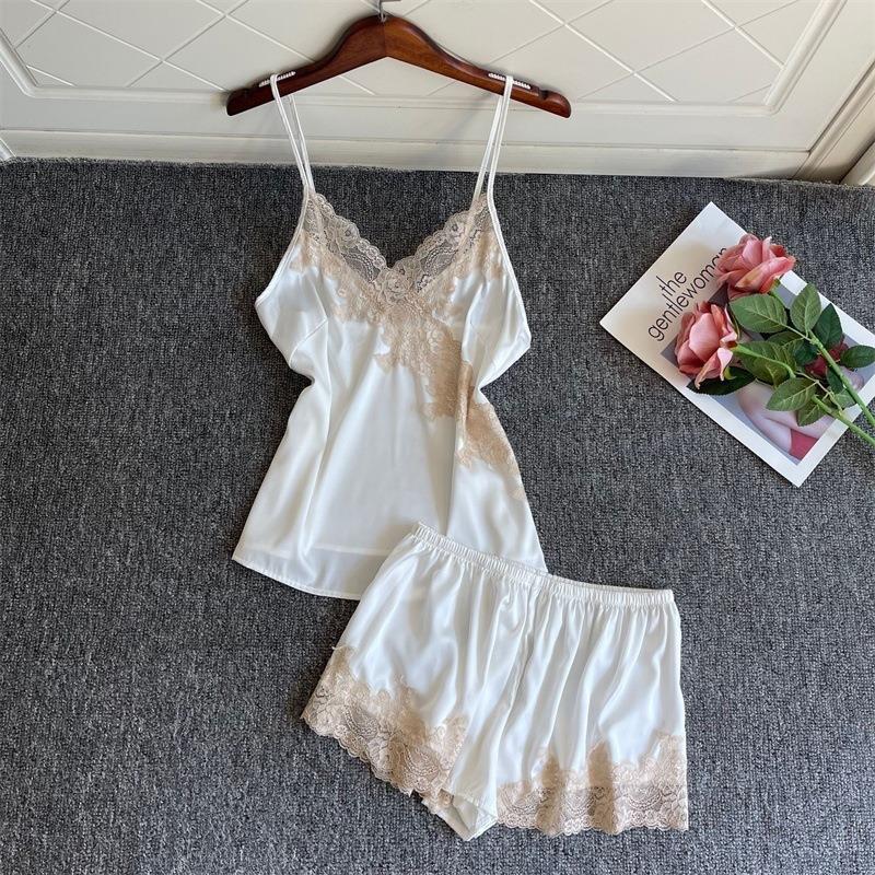 Japanese sexy suspender pajamas women's shorts two-piece set lace lace thin summer ice silk new loungewear