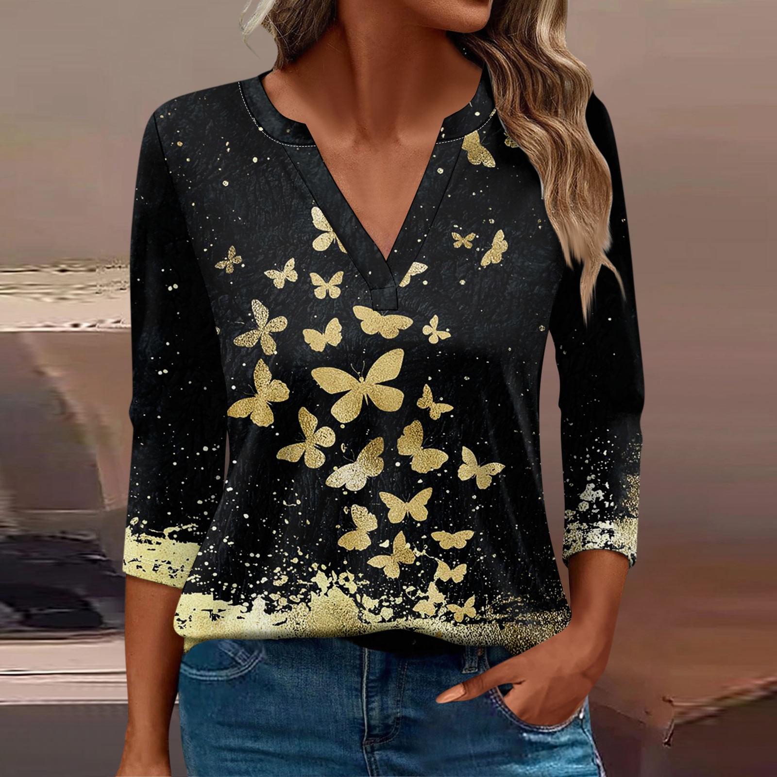 

Женская футболка Футболка с принтом Рукав 3/4 Повседневные Выходные Мода Базовый V-образный вырез Обычный топ XXXL чёрный