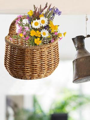 Small Wicker Storage Basket With Handle 17x15cm Wall Mounted Hangings Basket Woven Flowerpot Home Crafts Decoration