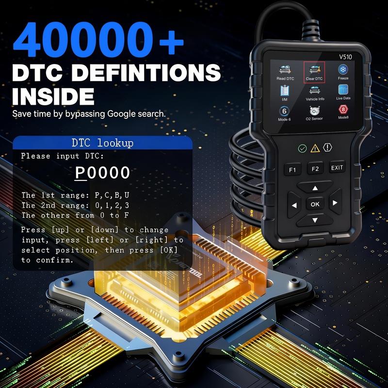 V510 Obd2 Scanner Diagnostic Tool | Battery Tester, Engine Fault Code Reader, Real-Time Data, Dtc Search, Frozen Frame, Scan Tool for All Obdii