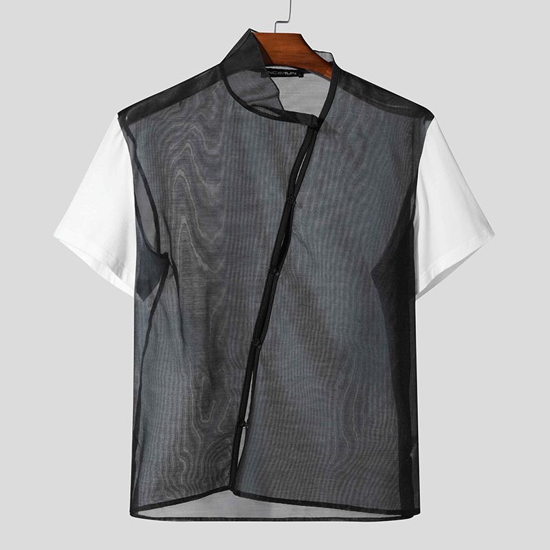 INCERUN Sommer Herren Stehkragen Kurzarm Mesh Sheer Patchwork T-Shirts
