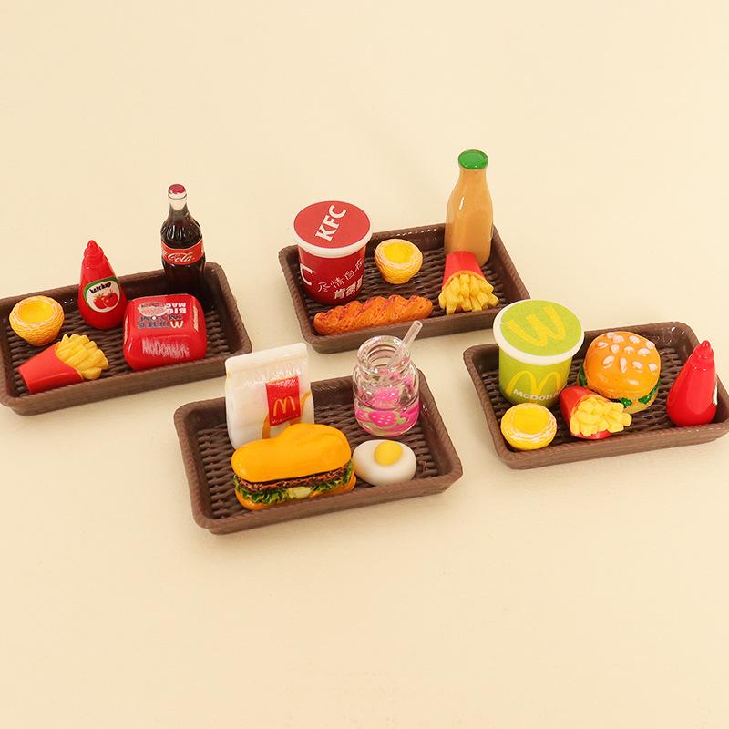 Miniature Dollhouse Food Set: Burger, Cola, Fries, Egg Tart & Plate