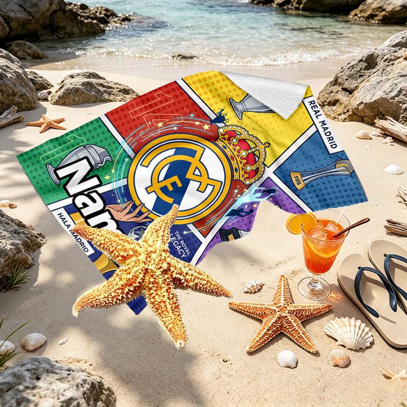 Custom Name Personalized Real Madrid Football Print Beach Towel, for Trip Camping Beach Party Home Decor, Birthday Gift for Family & Friends