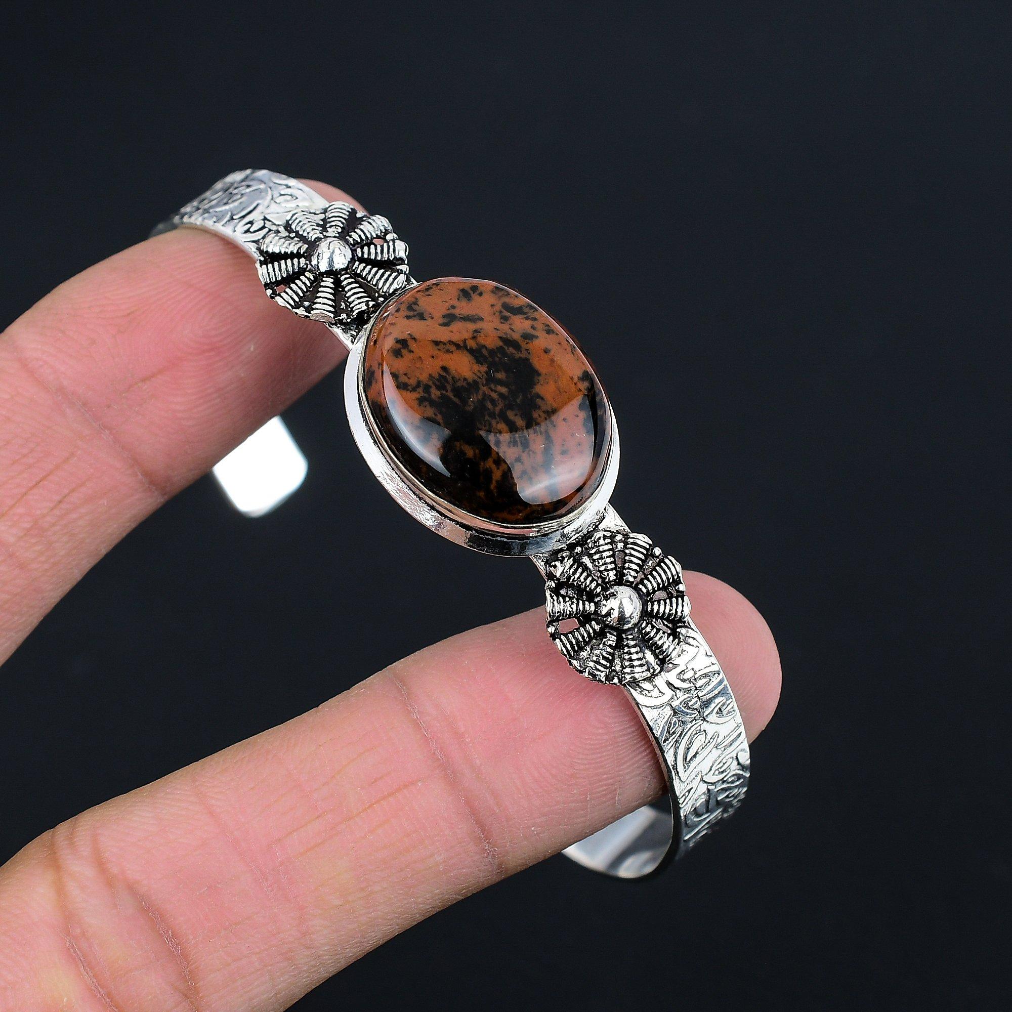 

Natural Mahogany Obsidian Gemstone Bangle Adjustable 925 Silver For Women Adjustable