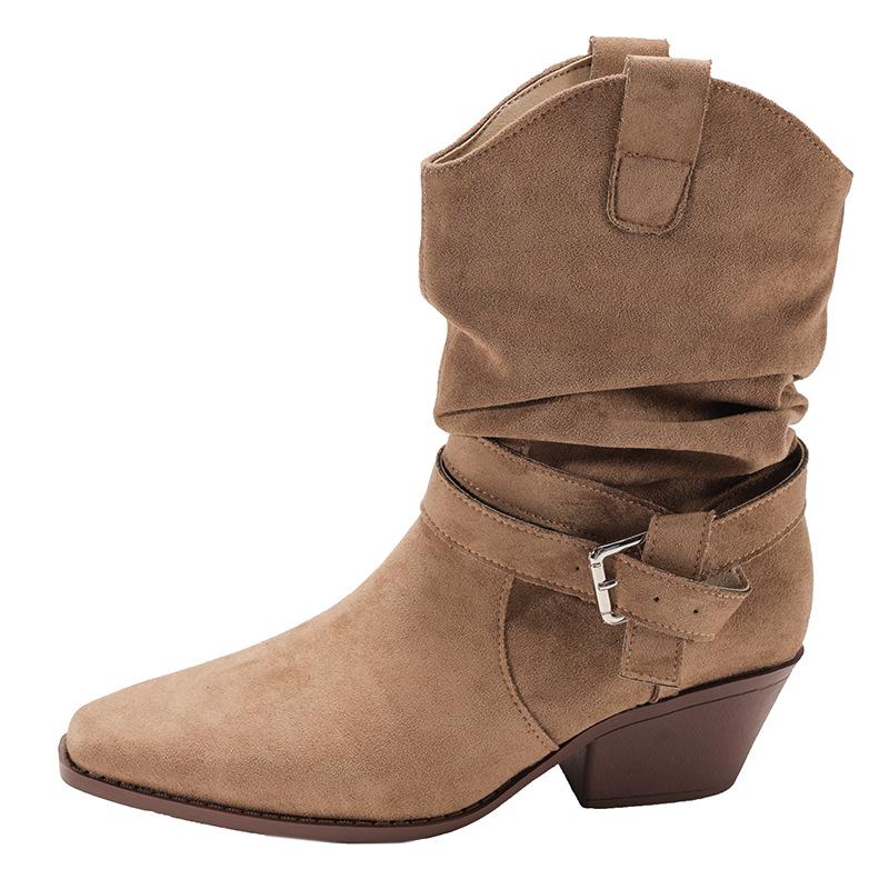 Queen Fan Retro Thick Heel Western Cowboy Boots Women's 2025 New Autumn with Skirt, Thin and Tall Short Boots