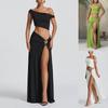 Womens Sexy Off-Shoulder Crop Top Side-Slit Midi Skirt Set Milk Silk Streetwear Outfit