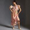 European and American Style Flower Printing V-neck Flying Sleeve Dress Women's Pleated Waist Loose and Thin Holiday Style Big Swing Dress