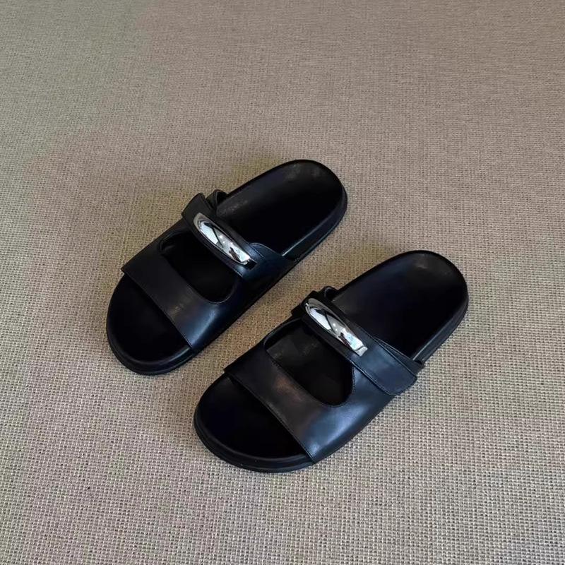 

Cowhide version~ French metal buckle one-word women s 2025 new summer platform beach shoes Velcro cool slippers 35 чёрный