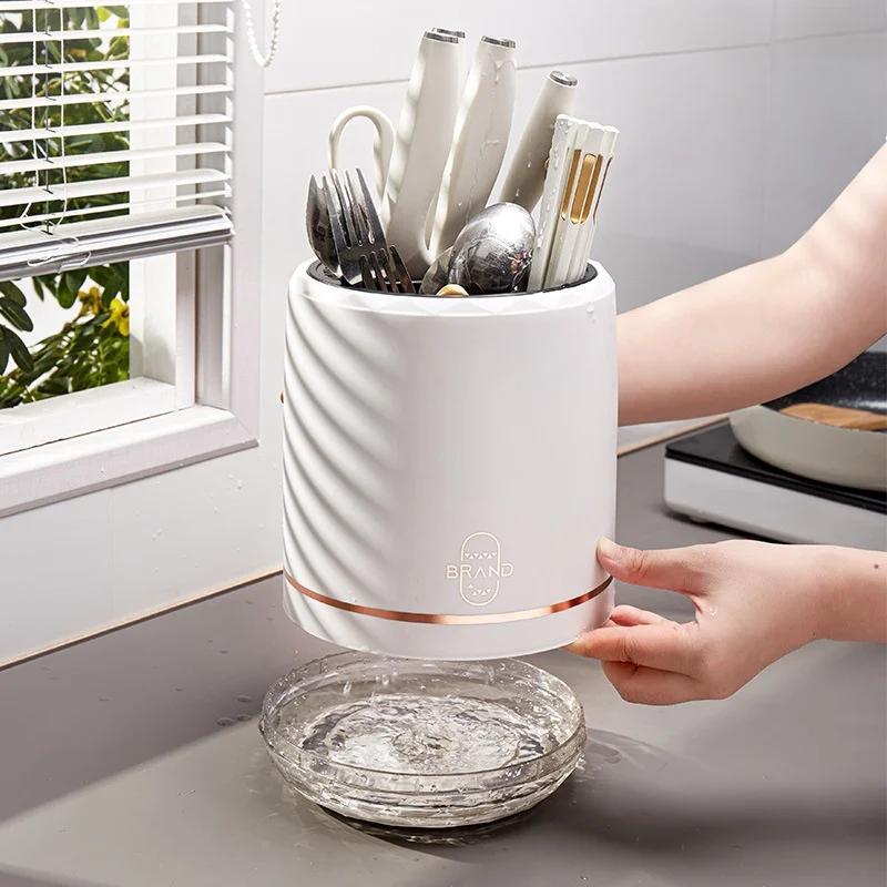 Rotation Knife Holder Utensil Holder Kitchen Cutlery Drainer Tableware Storage Bucket Detachable Chopstick Spoon Storage Rack