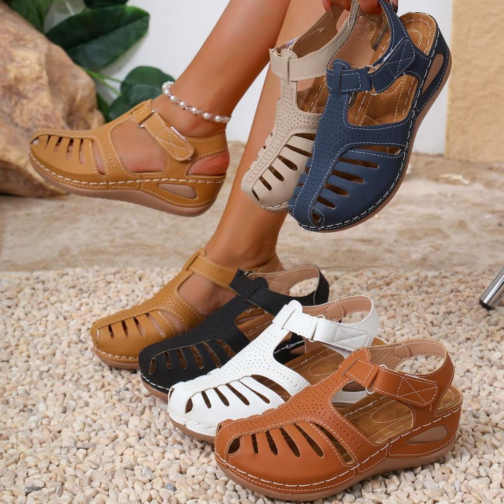 2025 new large size women's sandals, bag head hollowed out one-word wedge heel sewing bag laser process Rome