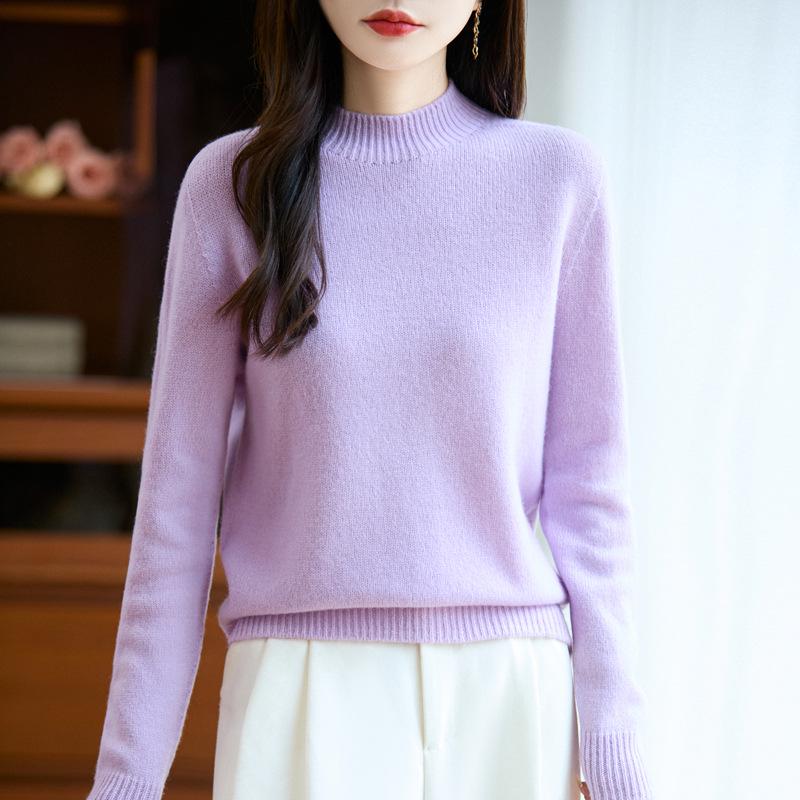 Women's Pure Color Wool Sweater - Half-High Collar, Loose Knit Pullover for Autumn/Winter
