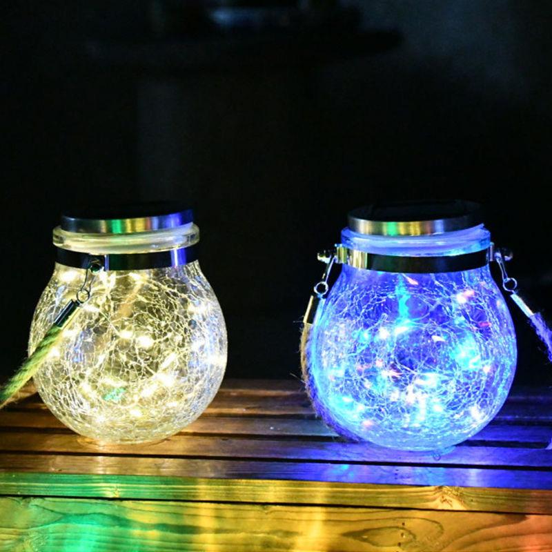 Solar Crackle Mason Jar Light for Garden, Balcony, or Tree Hanging Decor
